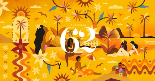 Abstract tropical landscape with people, animals, and bright orange tones
