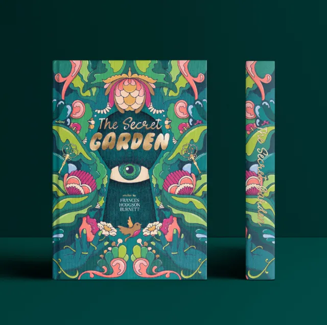 The Secret Garden book cover with vivid floral and eye design