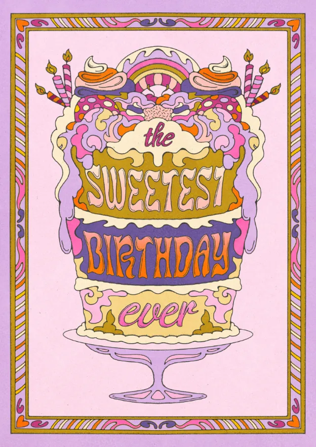 Illustrated birthday cake with candles and colorful text 'the sweetest birthday ever'