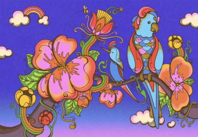 Two colorful exotic birds perched on a branch with flowers and ornate vines