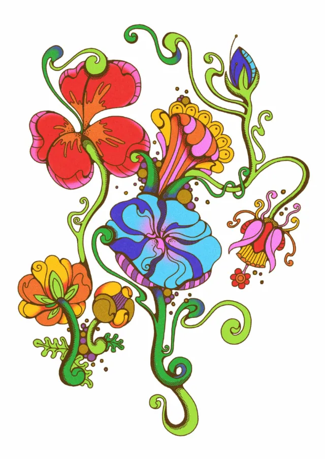 Colorful hand-drawn 1960s style flowers with ornate vines