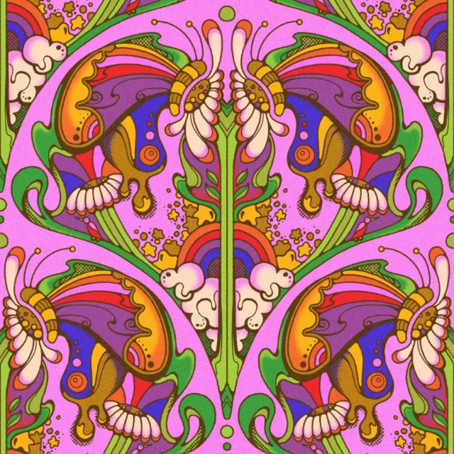 Colorful psychedelic pattern with butterflies, flowers, clouds, and rainbow