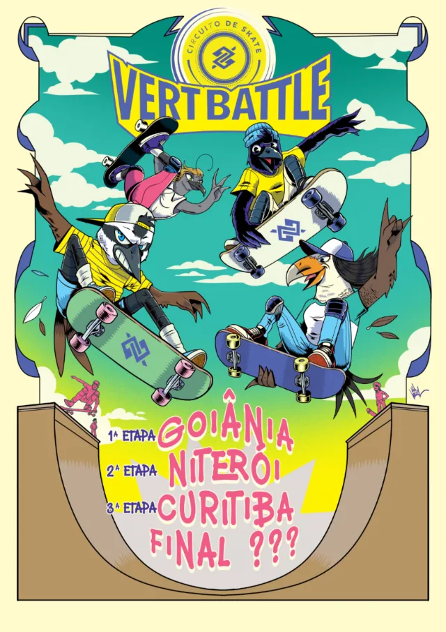 Four skateboarders doing tricks in a skate bowl with Vert Battle banner above.