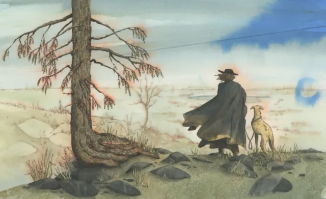 Figure in cloak and dog standing on rocky ground by a dead tree