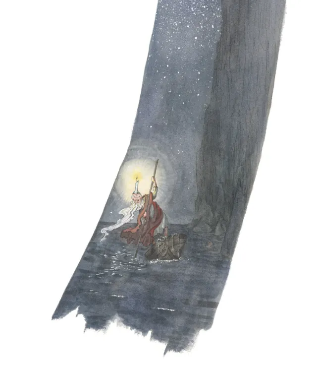 Illustration of Charon rowing a small boat at night in foggy waters