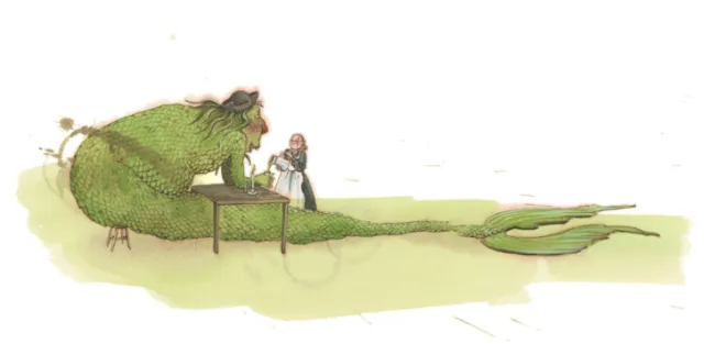 Illustration of a green merman talking to a small child on shore