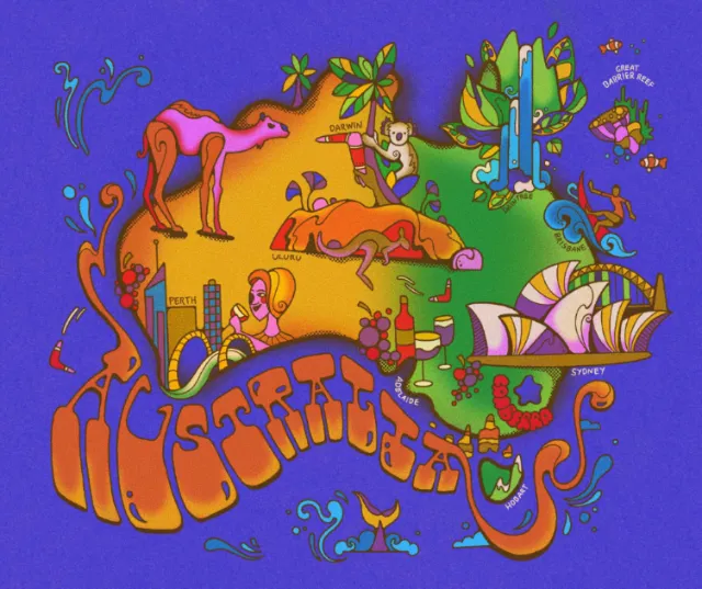 Colorful hand-drawn map of Australia with landmarks and animals