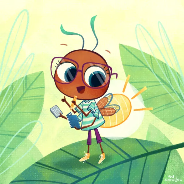 Cartoon firefly wearing glasses, holding a phone and a book on a leaf