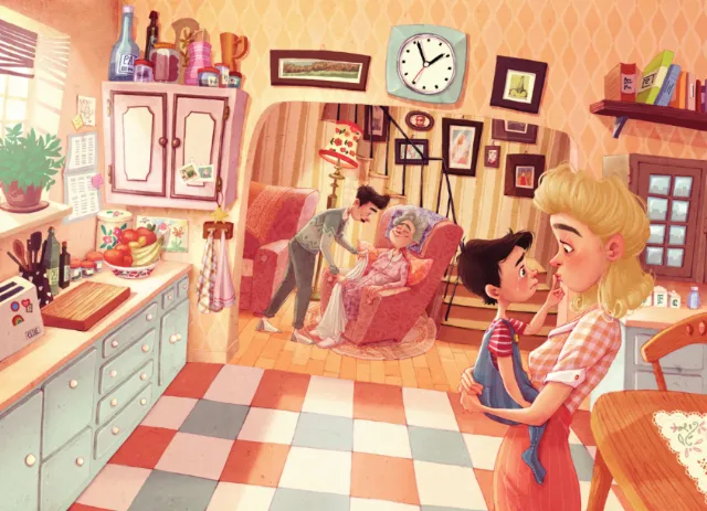 Cozy kitchen scene with family members interacting warmly