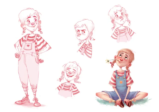 Illustration of a young girl with different facial expressions and sitting pose.
