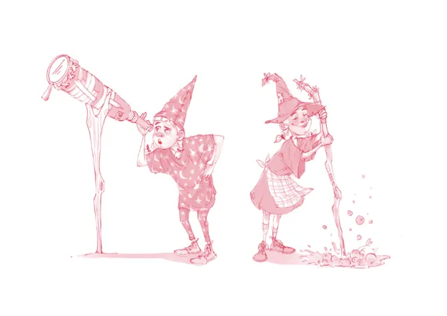 Children in costumes playing with water from a telescope and hose