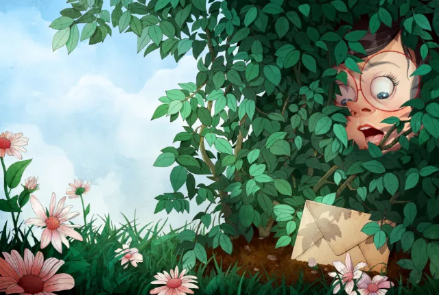 Child peeking through green leaves holding a torn map near flowers
