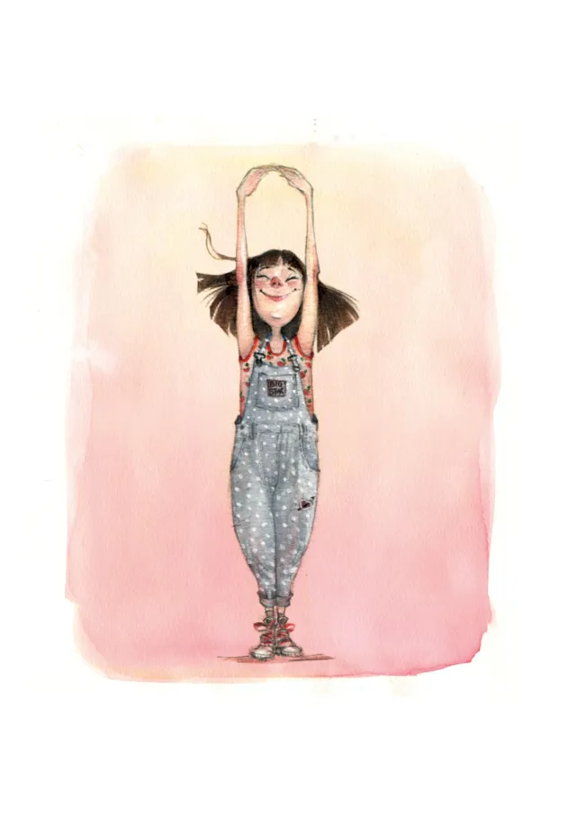 Smiling girl stretching with arms raised against soft pink backdrop