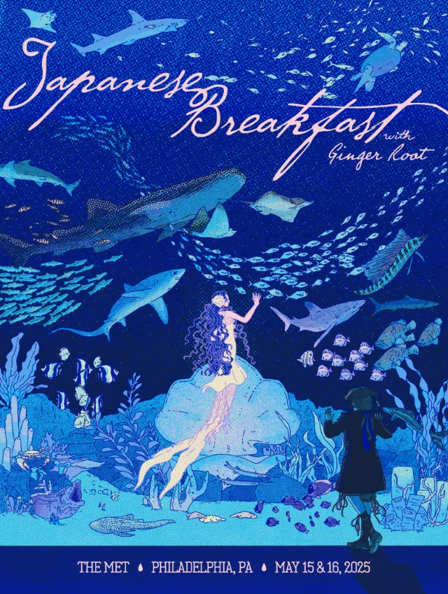 Underwater concert poster with mermaid, sharks, and fish in blue tones