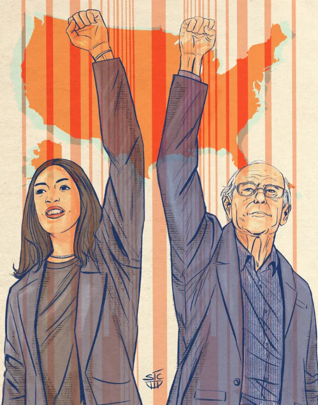 Young woman and older man raising fists with USA map background