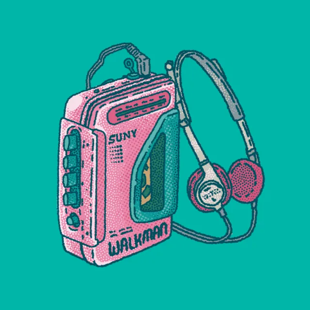 Pink Sony Walkman with attached headphones on teal background