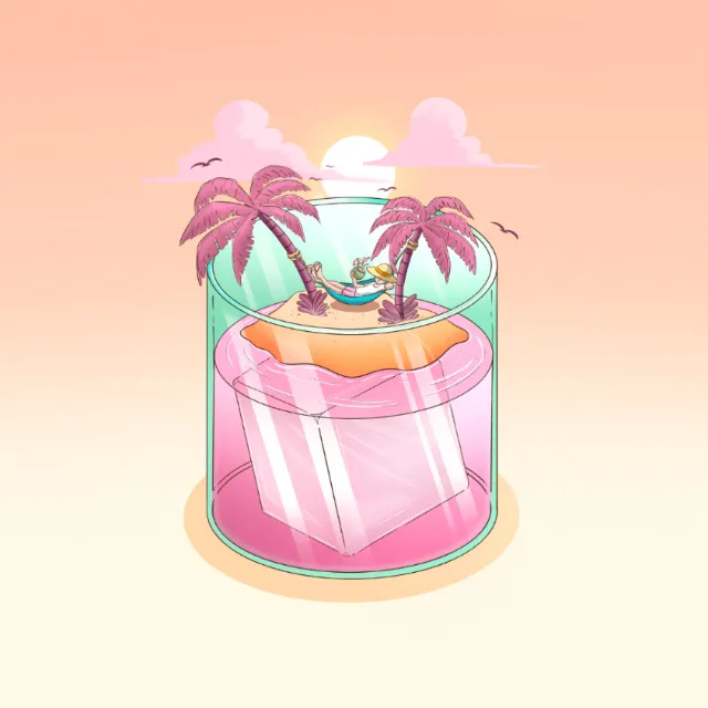 Tropical island with hammock inside a glass with pink drink