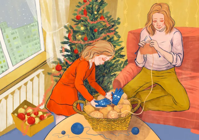 Woman and girl knitting by Christmas tree with craft supplies