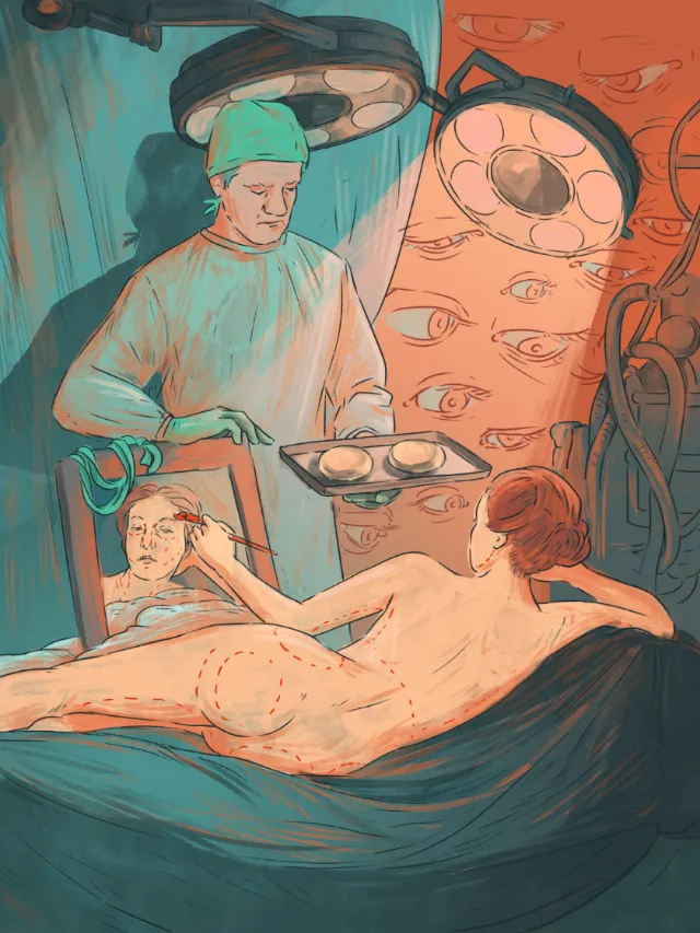 Surgeon performing surgery on woman with multiple eyes in surreal scene