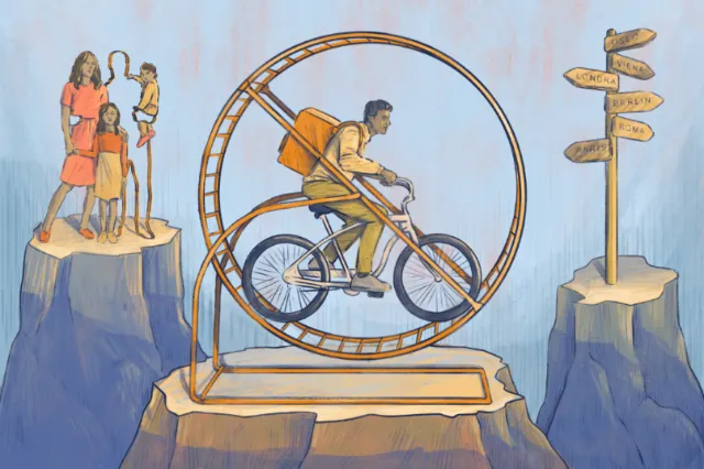Man cycling inside hamster wheel between cliffs with family and signposts