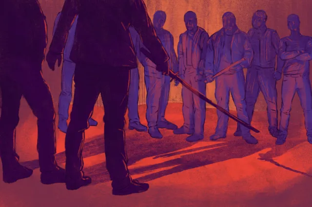 Men facing off with sticks in tense, shadowy confrontation