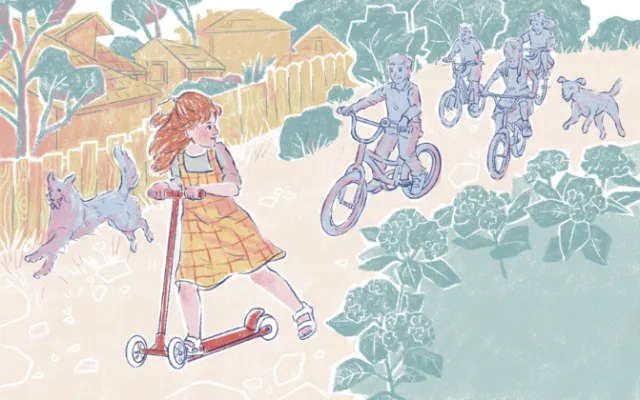 Girl on scooter and children on bicycles riding through neighborhood.