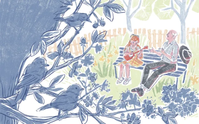 Elderly man and girl reading on bench with birds in a tree nearby