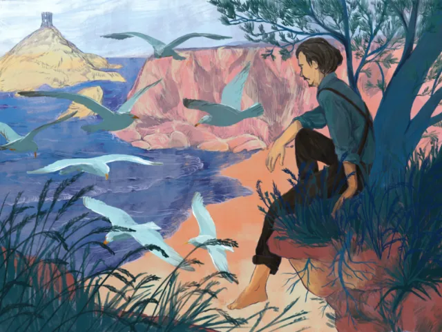Person seated on cliff near sea with seagulls flying around at sunset