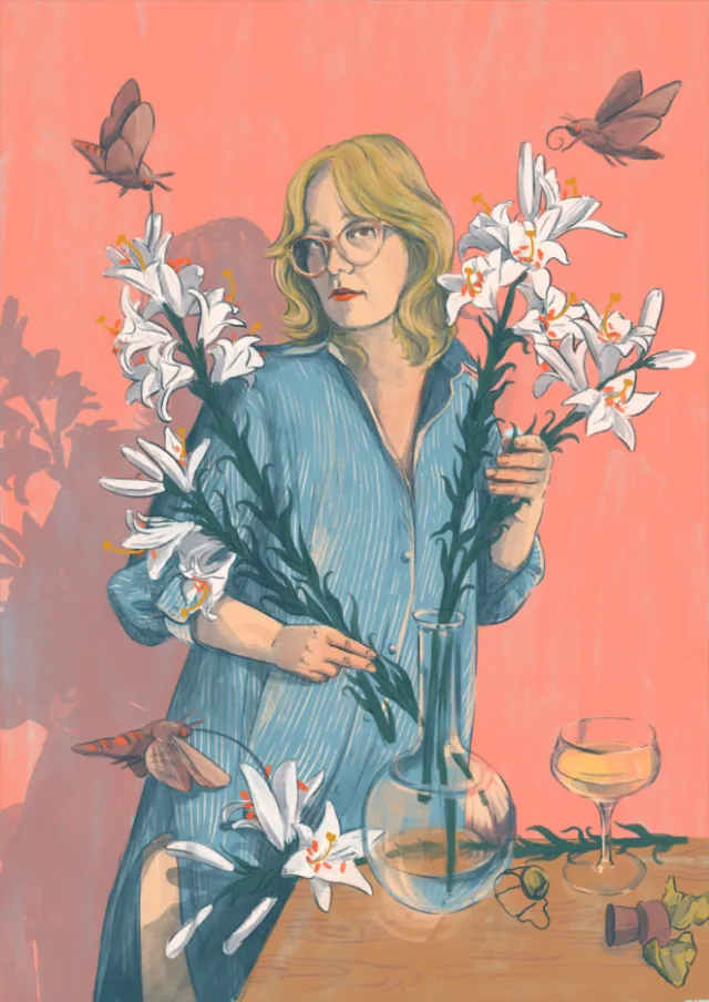 Blonde woman in blue dress holding white lilies with butterflies nearby
