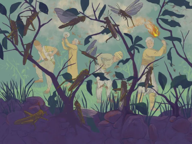 People fighting large insects with fire and sticks in a forest scene.