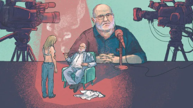 Illustration of a large man and a smaller woman in a media interview setting