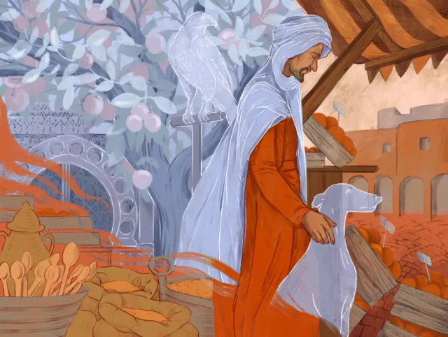 Man in medieval robes with a dog in a market setting with baskets and buildings.