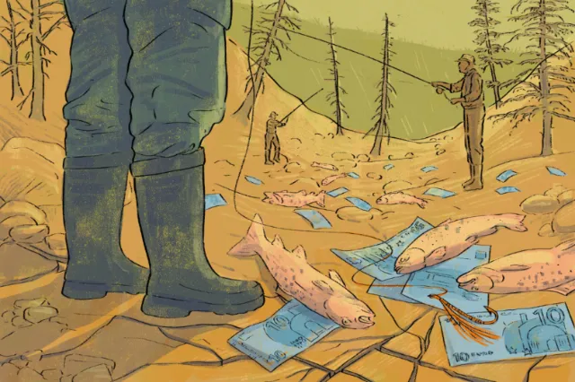 People fishing with money bills in a dry, cracked riverbed
