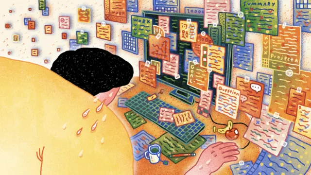 Person sweating and overwhelmed by many floating digital documents and alerts