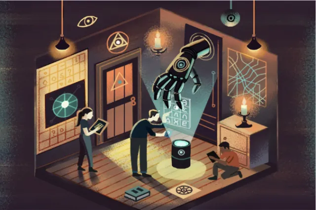Person interacts with holographic robotic hand in mysterious room by Li Zhang