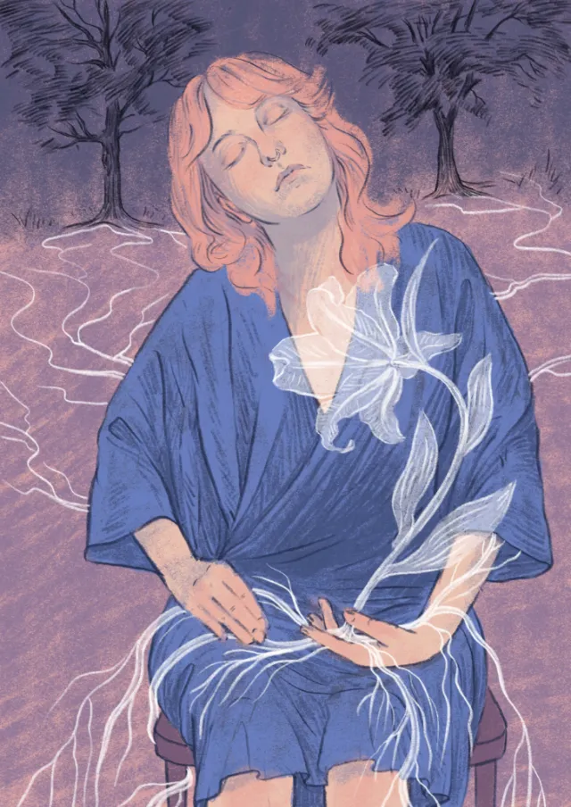 Person in blue robe with white ethereal flowers and closed eyes