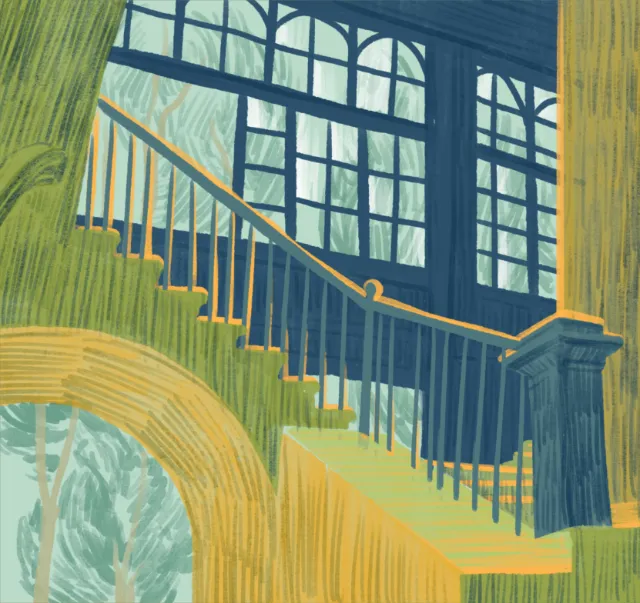 Colorful illustration of a staircase with windows showing trees outside