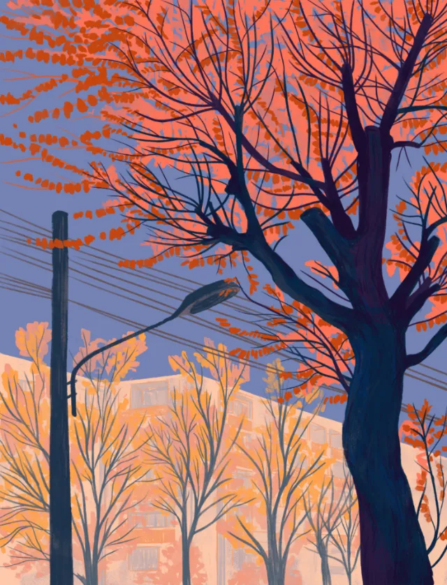 Leafless trees with red branches under purple sky near buildings and power lines