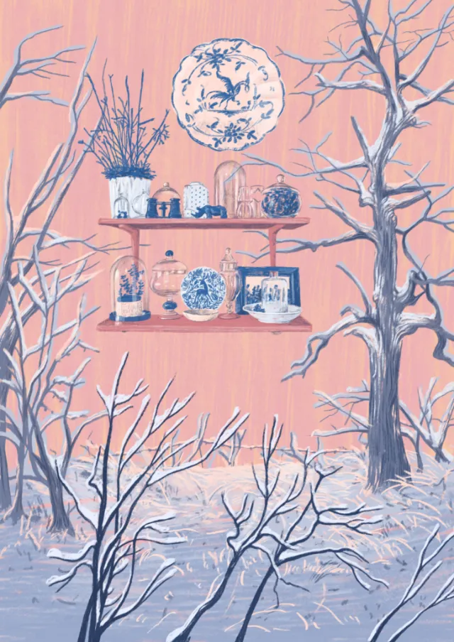 Bare trees in snow with two shelves of objects beneath a full moon on pink sky