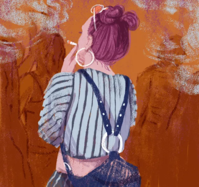 Woman smoking cigarette with striped shirt and smoky background