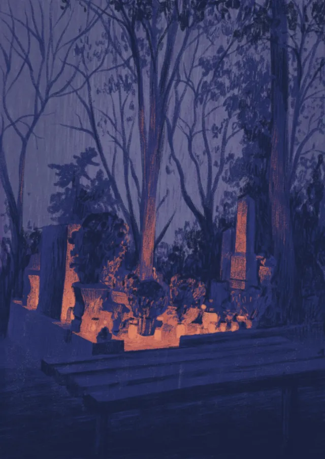 Nighttime graveyard with tombstones and warm glowing lanterns