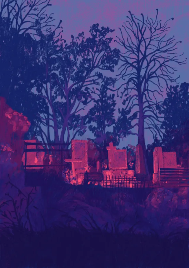 Graveyard with glowing tombstones and bare trees at twilight