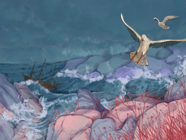 Stormy ocean with shipwreck and seagulls near rocky shore