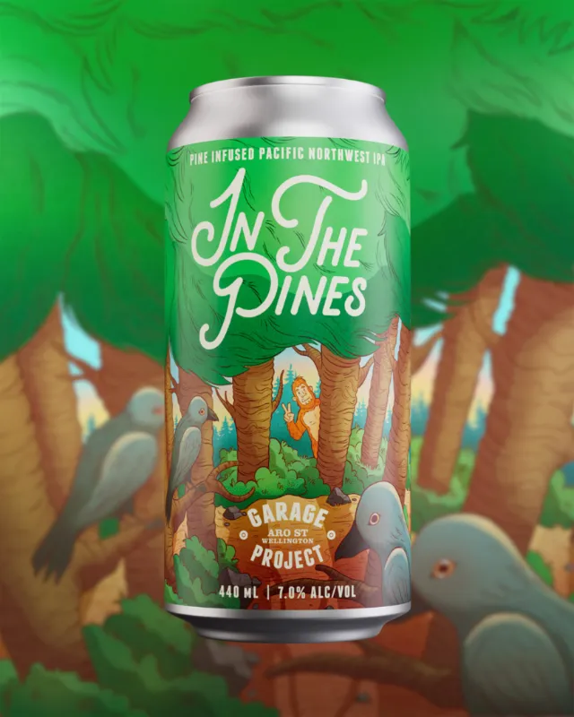 Illustrated label design for pine-forward IPA called In The Pines
