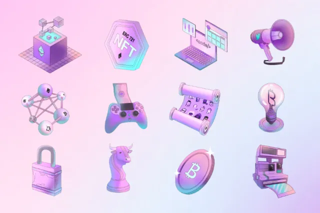 Colorful isometric icons representing NFT, blockchain, gaming, and tech concepts