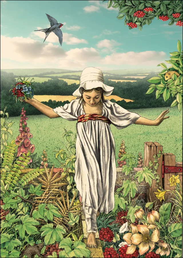 Young girl in white dress balancing on a garden wall with birds