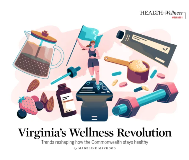Wellness items like supplements, dumbbell, healthy foods, and fitness tracker