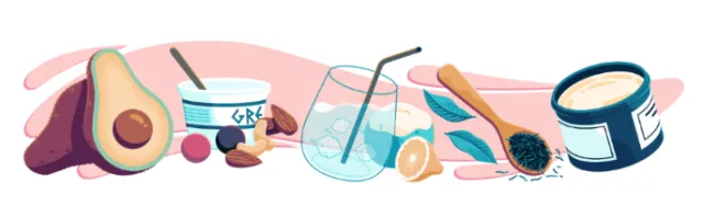 Illustration of avocado, yogurt, nuts, coffee by Jacob Stead