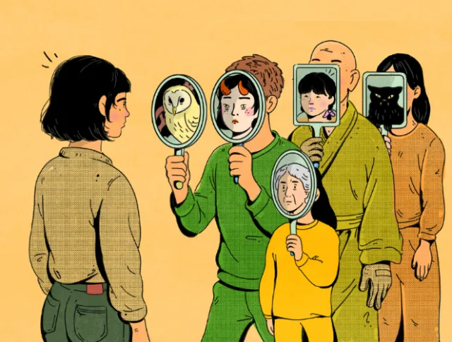 Person looking at others holding mirrors showing varied reflections