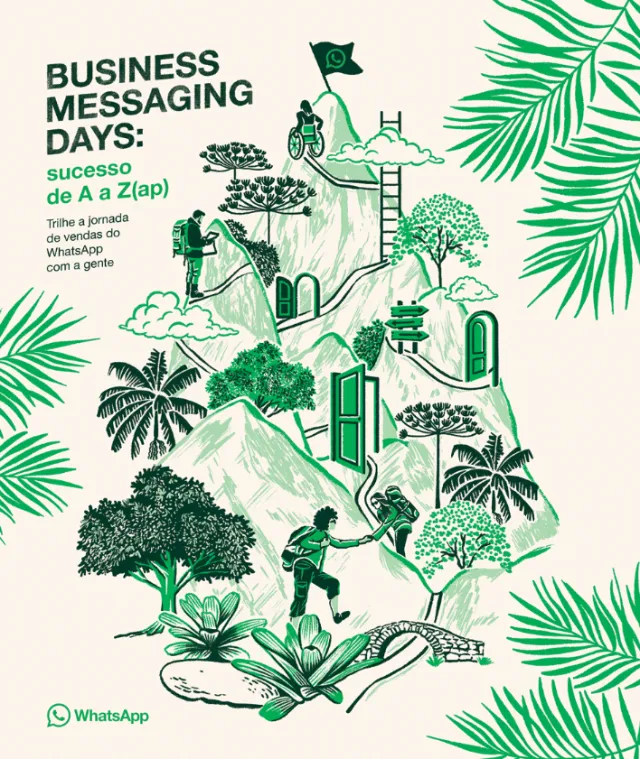 Illustration of people climbing a mountain with WhatsApp Business Messaging Days text